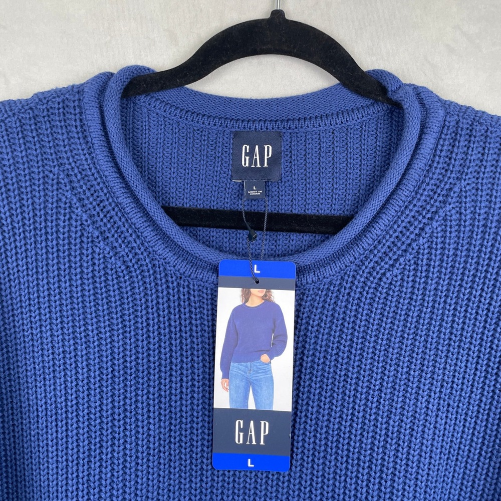 Gap Roll Neck Sweater Royal Blue Cotton Crew Heavy Knit Fisherman Prep Wmn L NWT - Picture 3 of 5